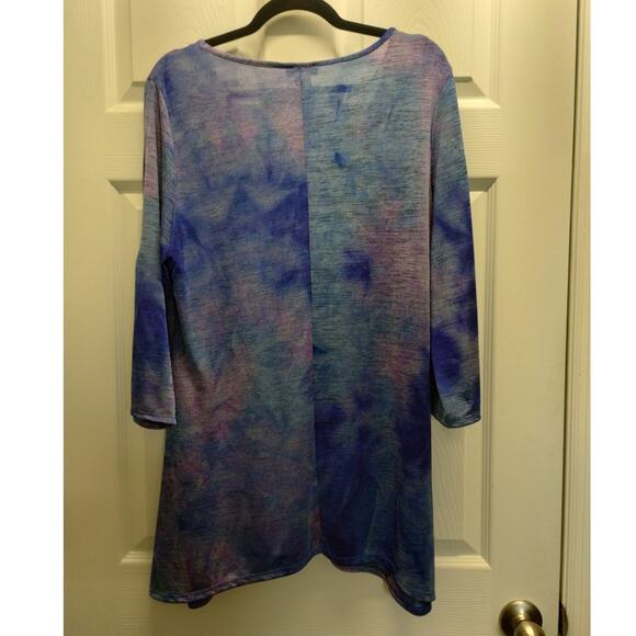 Cocomo Size Large Purple Blue Tie Dye V-Neck Slit Sleeves Slinky Tunic Top - Picture 3 of 5